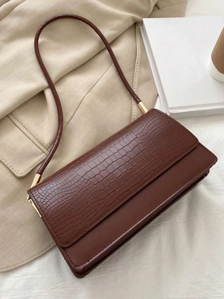 Crocodile Embossed Flap Shoulder Bag for Women, Fashionable Textured PU Leather Purse, Elegant Compact Handbag for Daily Use and Events