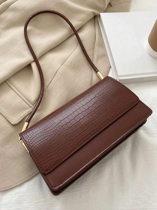 Crocodile Embossed Flap Shoulder Bag for Women, Fashionable Textured PU Leather Purse, Elegant Compact Handbag for Daily Use and Events