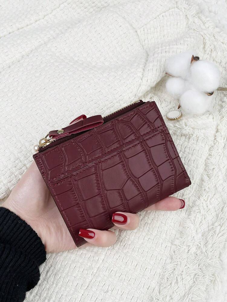 Fold Over Small Wallet with Letter Detail, Slim Bifold Pocket Purse for Women, Lightweight Card Case with Key Slot, Cute and Modern Daily Wallet