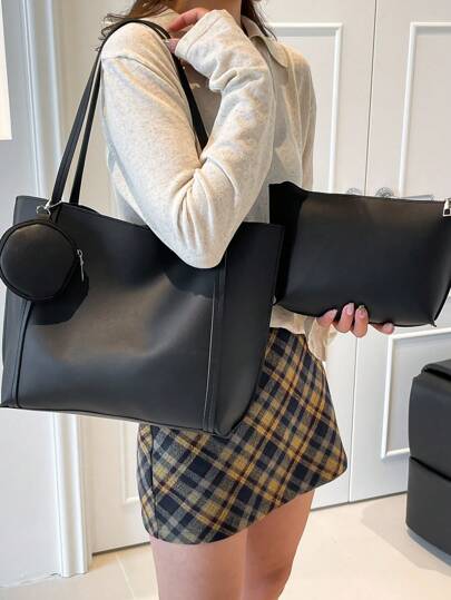 Minimalist Solid Colour Tote Bag with Large Capacity, Structured PU Handbag for Women, Sleek Handheld Design for Work, Travel or Commute