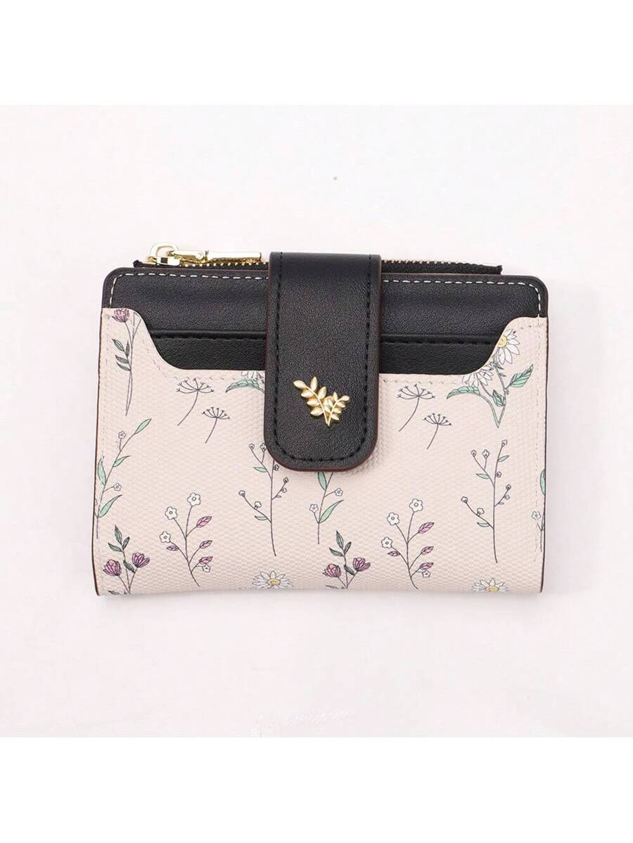 Tri-Fold Coin Wallet with Leaf Metal Button, Stylish Compact Card Holder for Women, Small Fashionable PU Purse, Elegant and Practical Design