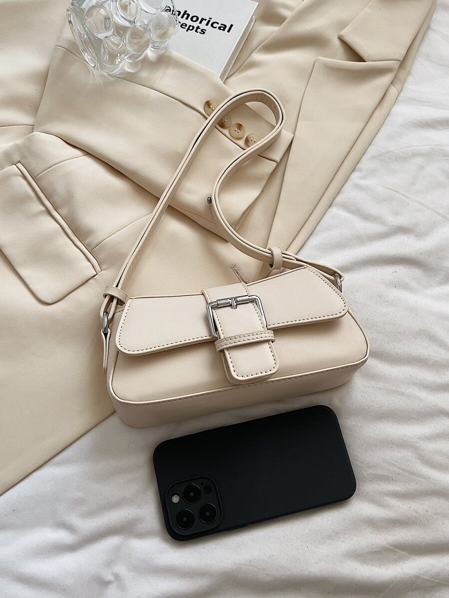 Small PU Shoulder Bag with Buckle Decor, Solid Colour Underarm Purse with Magnet Closure and Zipper, Stylish Compact Bag for Any Occasion