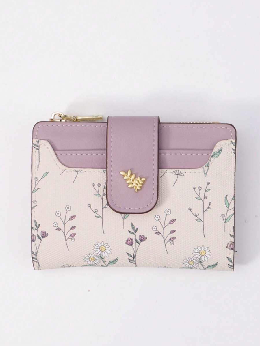 Tri-Fold Coin Wallet with Leaf Metal Button, Stylish Compact Card Holder for Women, Small Fashionable PU Purse, Elegant and Practical Design
