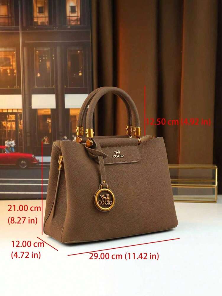 Autumn/Winter Elegant Brown Shoulder Tote for Women, Mature Commuter Handbag with Crossbody Option and Nameplate Charm for Daily Use