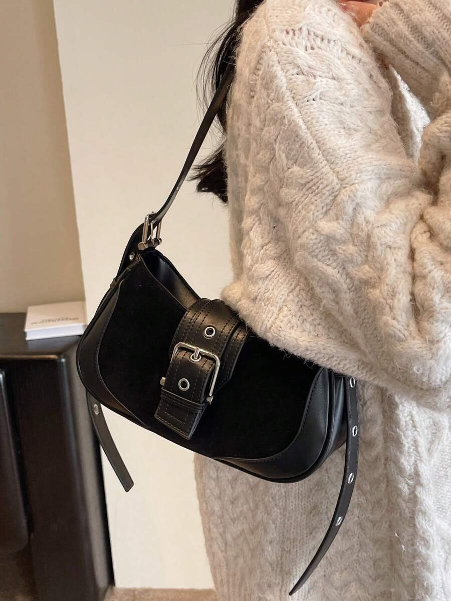 Crescent Motorcycle Underarm Bag with Metal Eyelets, Retro Cool Style Crossbody Purse for Women, Unique Niche Texture Daily Handbag