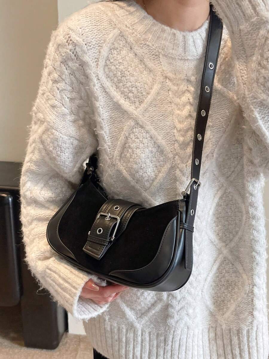 Crescent Motorcycle Underarm Bag with Metal Eyelets, Retro Cool Style Crossbody Purse for Women, Unique Niche Texture Daily Handbag