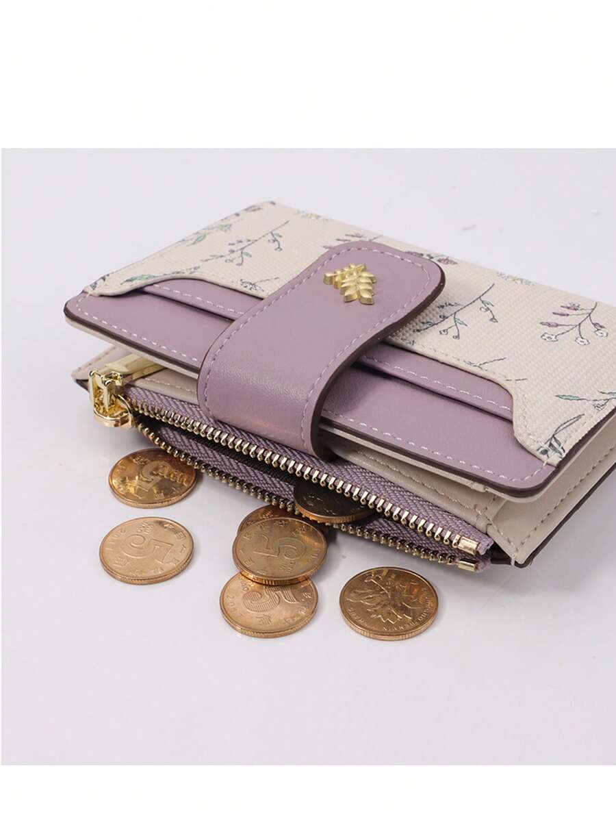 Tri-Fold Coin Wallet with Leaf Metal Button, Stylish Compact Card Holder for Women, Small Fashionable PU Purse, Elegant and Practical Design