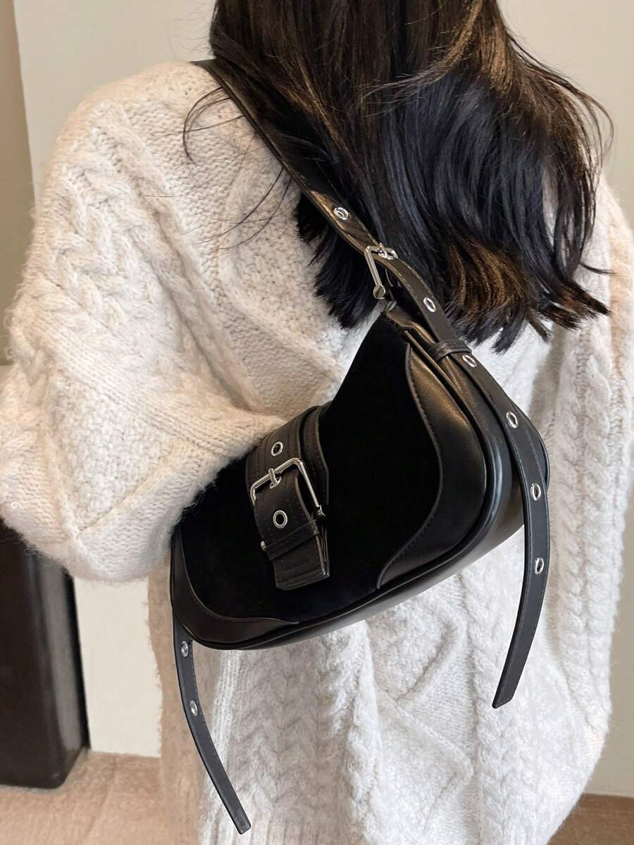 Crescent Motorcycle Underarm Bag with Metal Eyelets, Retro Cool Style Crossbody Purse for Women, Unique Niche Texture Daily Handbag