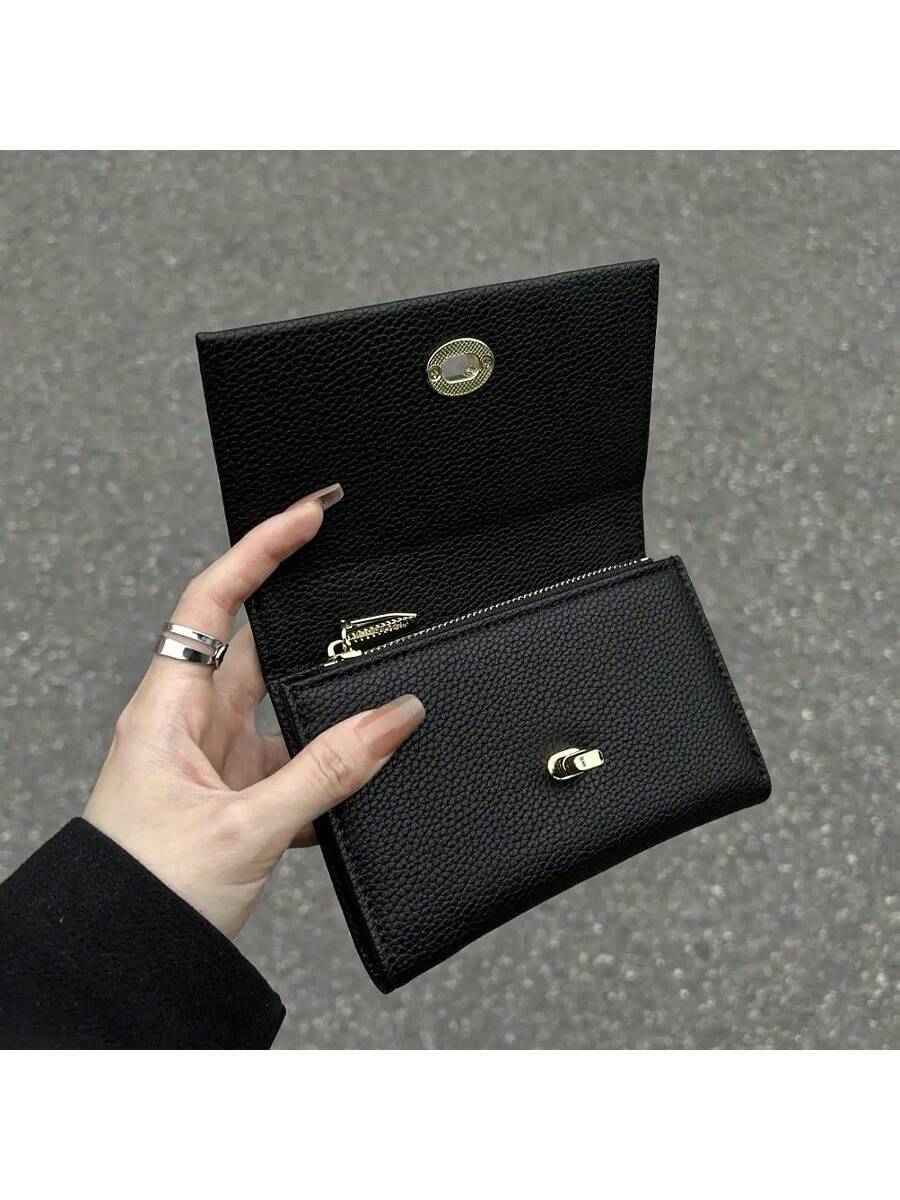 PU Leather Lock Buckle Short Wallet for Women, Elegant Mini Purse with Structured Design, Stylish Daily Wallet for Modern Feminine Looks