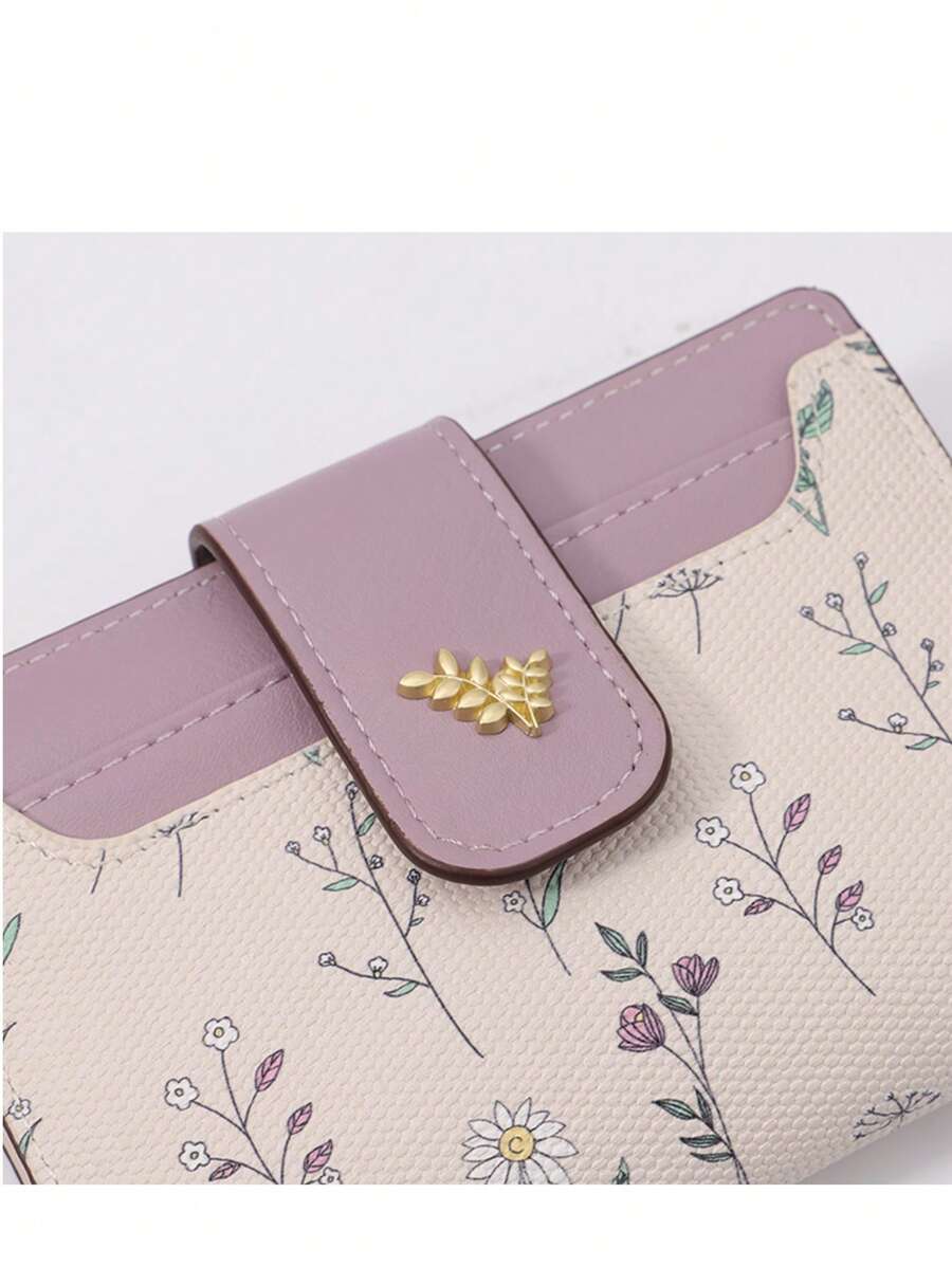 Tri-Fold Coin Wallet with Leaf Metal Button, Stylish Compact Card Holder for Women, Small Fashionable PU Purse, Elegant and Practical Design