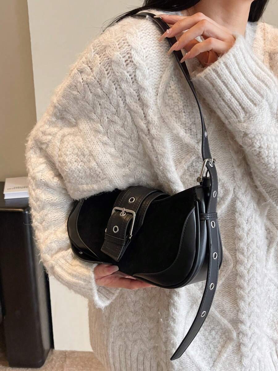 Crescent Motorcycle Underarm Bag with Metal Eyelets, Retro Cool Style Crossbody Purse for Women, Unique Niche Texture Daily Handbag