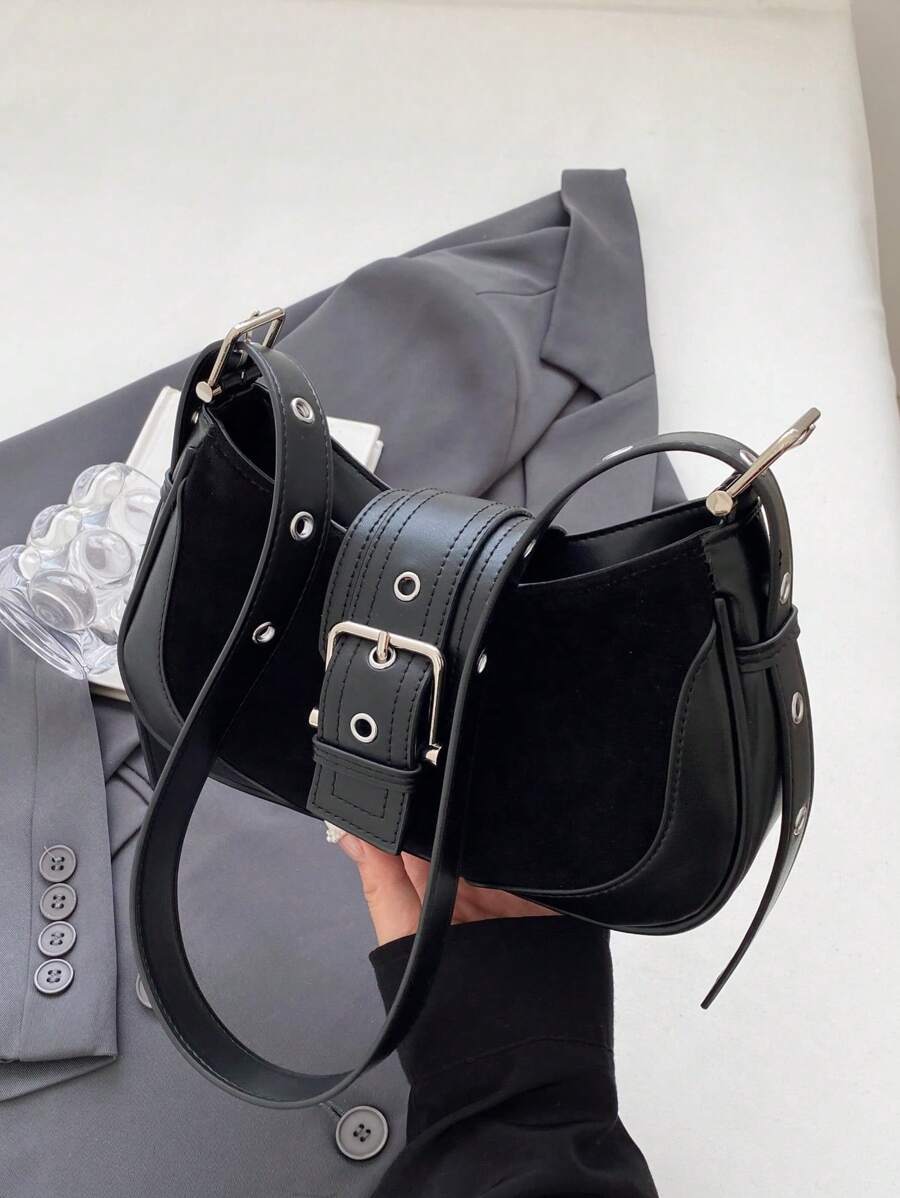 Crescent Motorcycle Underarm Bag with Metal Eyelets, Retro Cool Style Crossbody Purse for Women, Unique Niche Texture Daily Handbag