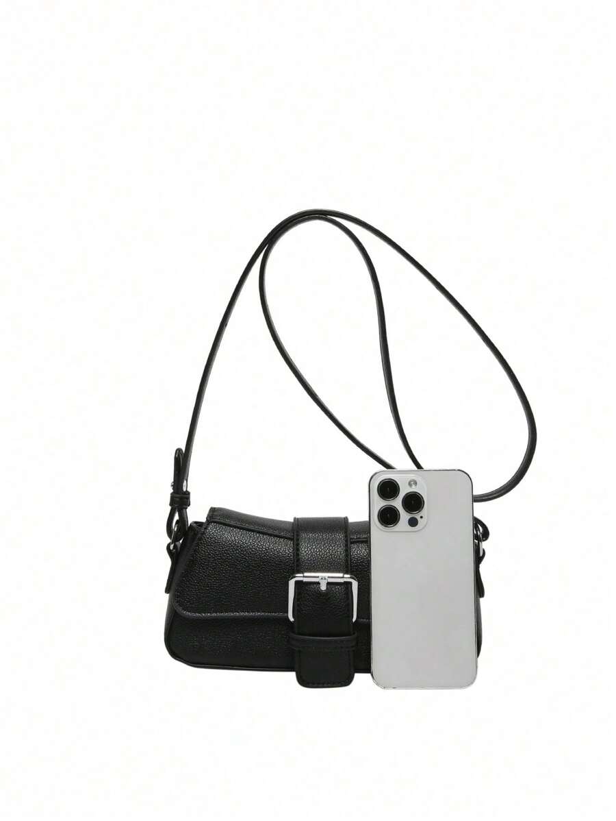 Small PU Shoulder Bag with Buckle Decor, Solid Colour Underarm Purse with Magnet Closure and Zipper, Stylish Compact Bag for Any Occasion