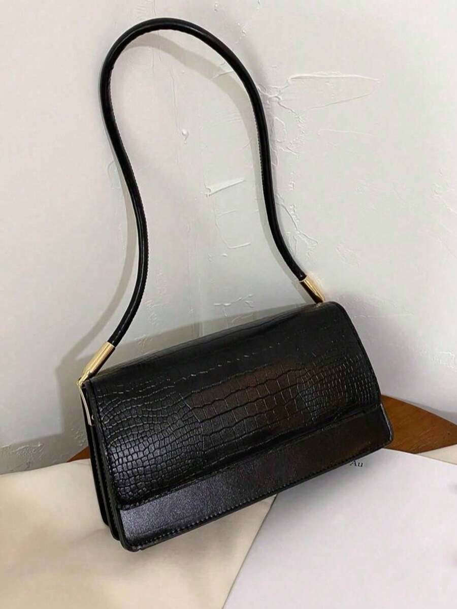 Crocodile Embossed Flap Shoulder Bag for Women, Fashionable Textured PU Leather Purse, Elegant Compact Handbag for Daily Use and Events