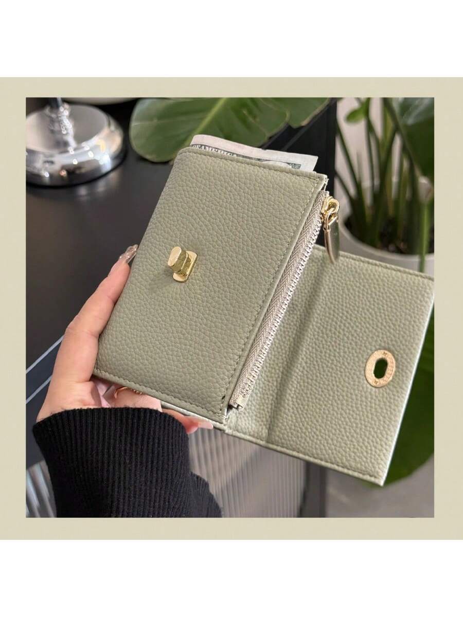 PU Leather Lock Buckle Short Wallet for Women, Elegant Mini Purse with Structured Design, Stylish Daily Wallet for Modern Feminine Looks