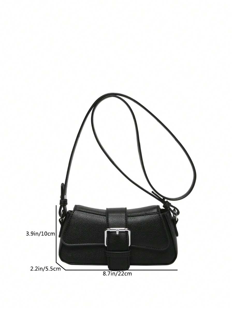 Small PU Shoulder Bag with Buckle Decor, Solid Colour Underarm Purse with Magnet Closure and Zipper, Stylish Compact Bag for Any Occasion