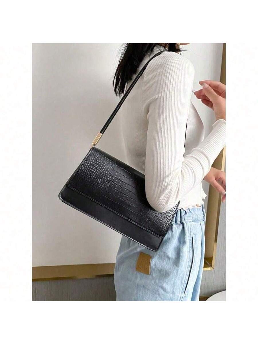 Crocodile Embossed Flap Shoulder Bag for Women, Fashionable Textured PU Leather Purse, Elegant Compact Handbag for Daily Use and Events