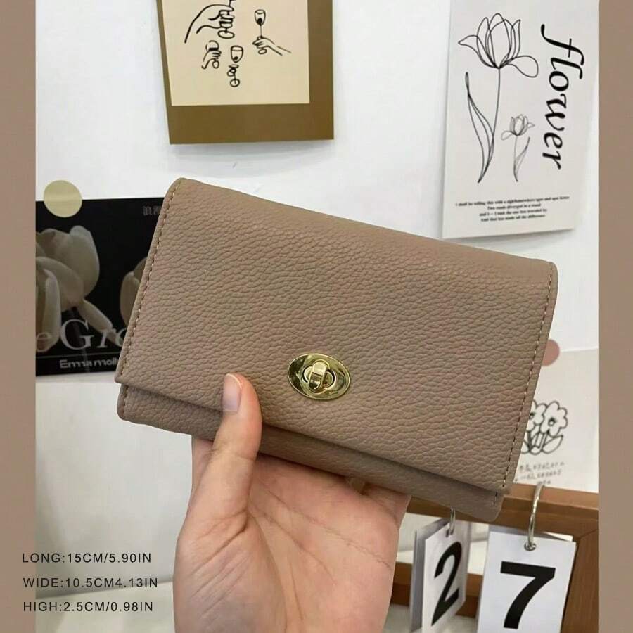 PU Leather Lock Buckle Short Wallet for Women, Elegant Mini Purse with Structured Design, Stylish Daily Wallet for Modern Feminine Looks