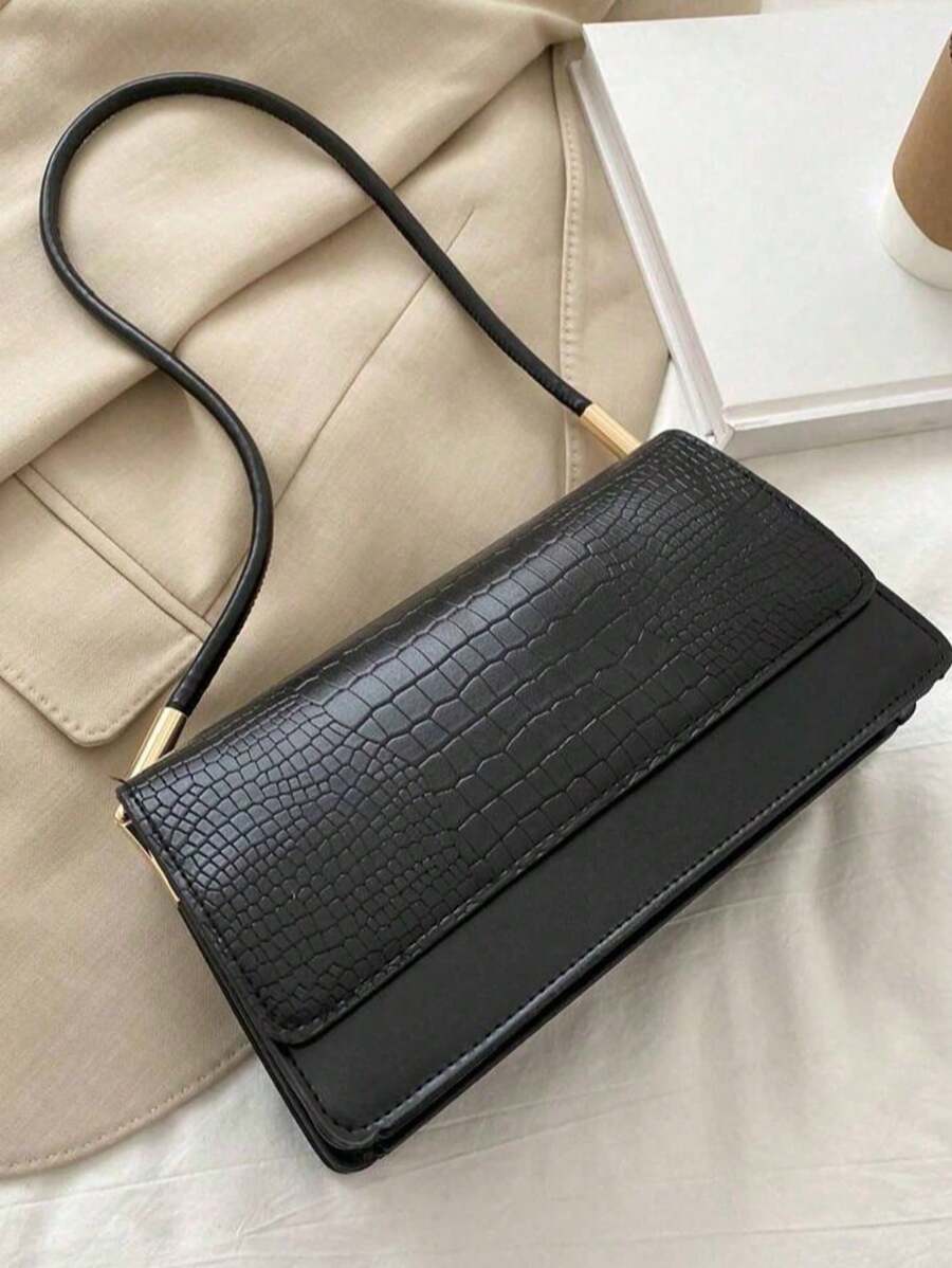 Crocodile Embossed Flap Shoulder Bag for Women, Fashionable Textured PU Leather Purse, Elegant Compact Handbag for Daily Use and Events