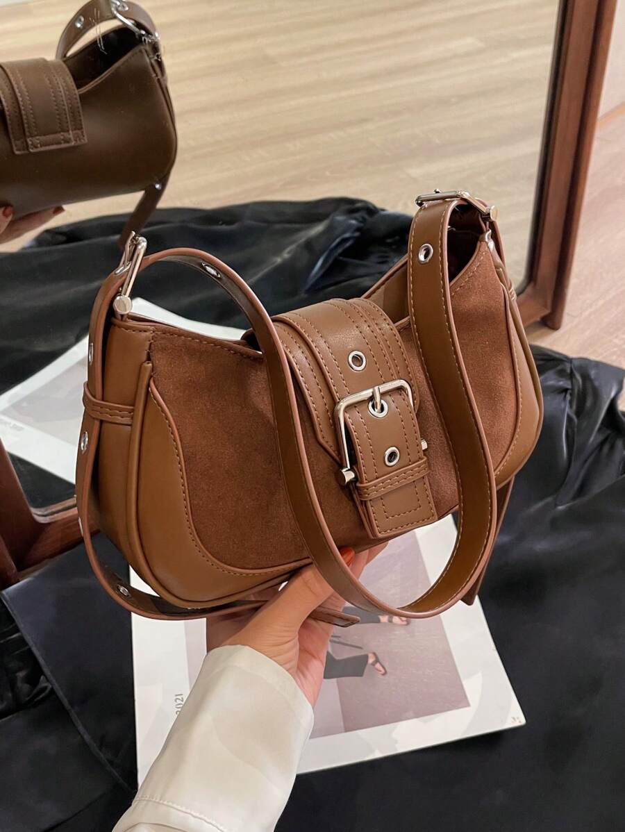 Crescent Motorcycle Underarm Bag with Metal Eyelets, Retro Cool Style Crossbody Purse for Women, Unique Niche Texture Daily Handbag