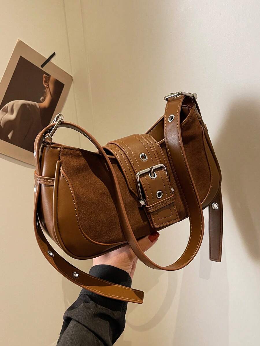 Crescent Motorcycle Underarm Bag with Metal Eyelets, Retro Cool Style Crossbody Purse for Women, Unique Niche Texture Daily Handbag