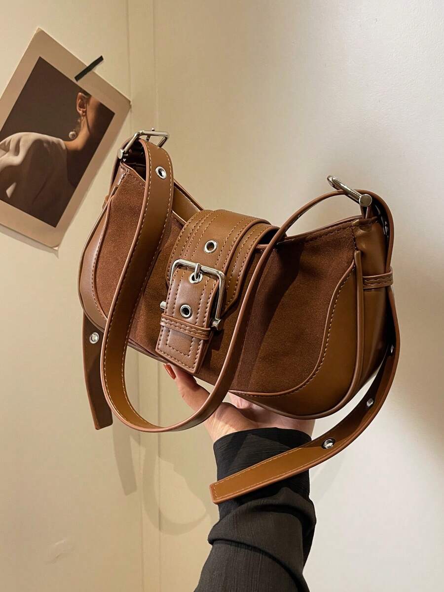 Crescent Motorcycle Underarm Bag with Metal Eyelets, Retro Cool Style Crossbody Purse for Women, Unique Niche Texture Daily Handbag