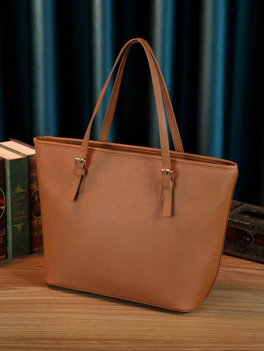 Minimalist Solid Colour Tote Bag with Large Capacity, Structured PU Handbag for Women, Sleek Handheld Design for Work, Travel or Commute