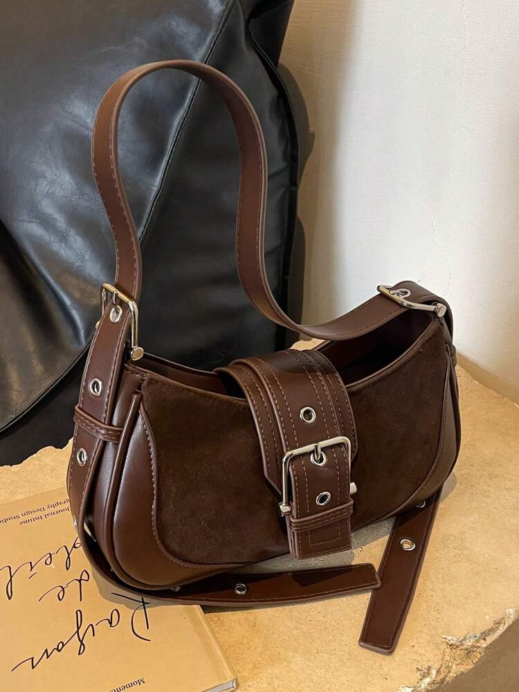 Crescent Motorcycle Underarm Bag with Metal Eyelets, Retro Cool Style Crossbody Purse for Women, Unique Niche Texture Daily Handbag