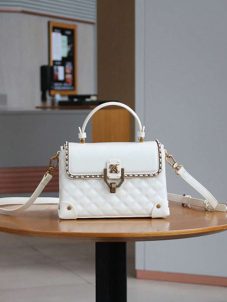 Rhombus Embroidered Boxy Handbag for Women, Chic Shoulder and Crossbody Bag with Clasp, Versatile High-End 2025 Design for Daily Commute