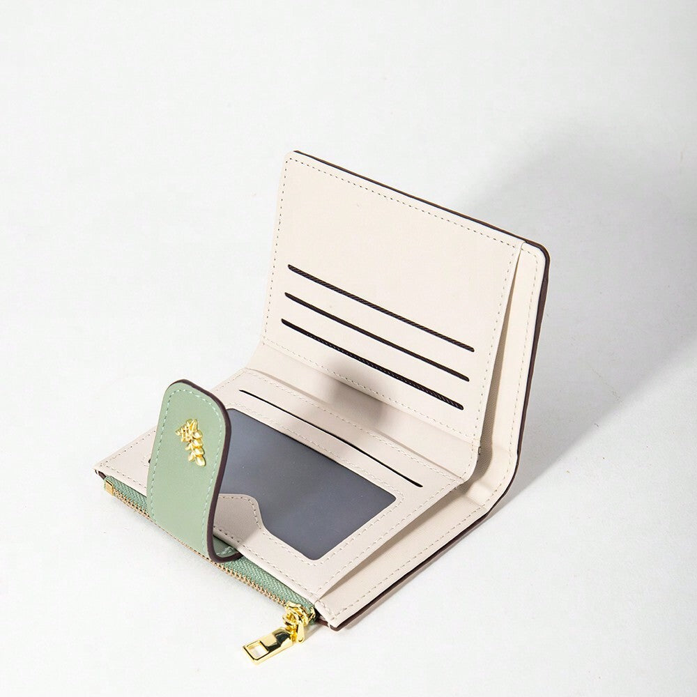 Tri-Fold Coin Wallet with Leaf Metal Button, Stylish Compact Card Holder for Women, Small Fashionable PU Purse, Elegant and Practical Design
