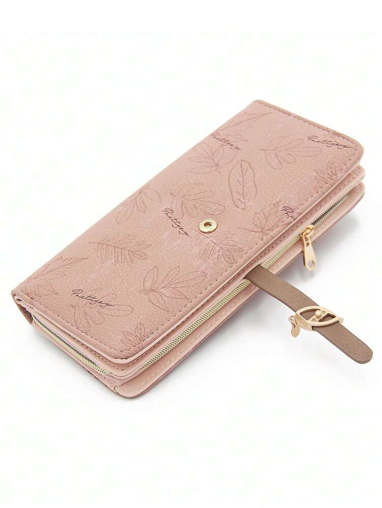 Pink PU Leather Printed Long Wallet for Women, Multi-Function Zipper Clutch Purse with Card Holder, Large Capacity Stylish Storage Gift Bag