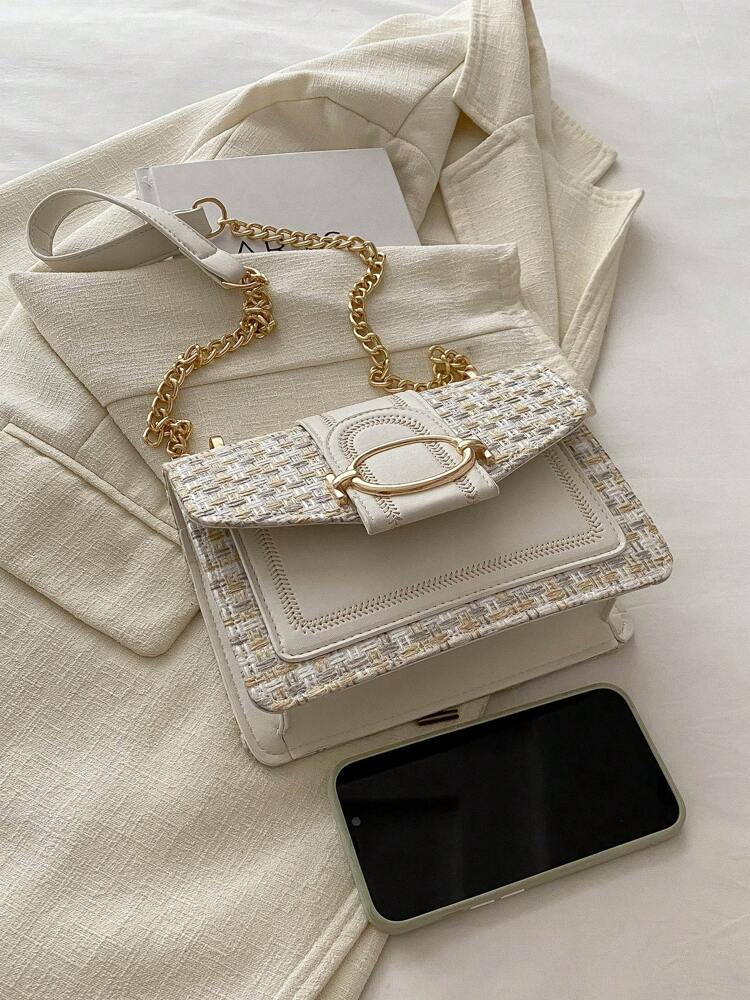 Mini Tweed Crossbody Bag with Chain Strap, Retro Square Purse for Women with Plaid Pattern, Lightweight and Fashionable Daily Shoulder Bag