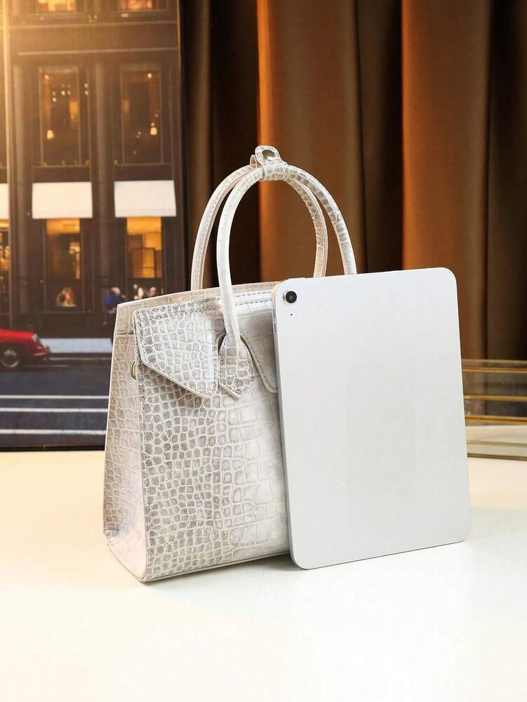 Himalayan White Crocodile Pattern Handbag for Women, Large Capacity Fashionable Tote, Elegant Commuter Shoulder Bag for Work or Travel