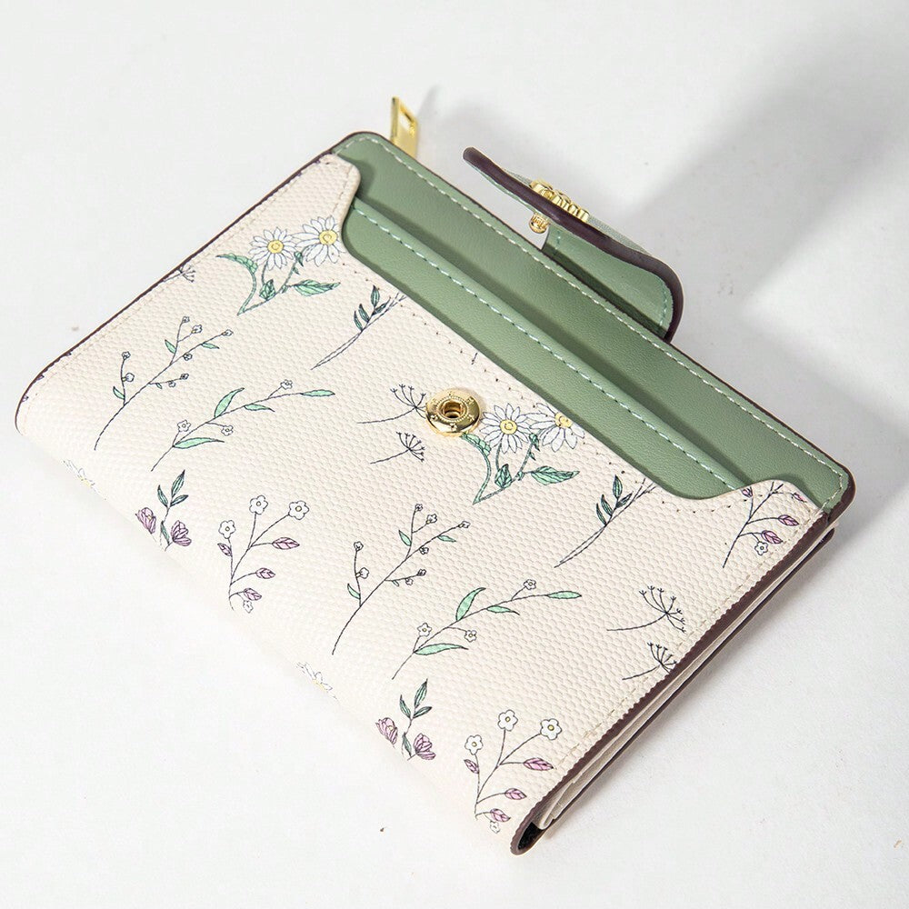Tri-Fold Coin Wallet with Leaf Metal Button, Stylish Compact Card Holder for Women, Small Fashionable PU Purse, Elegant and Practical Design