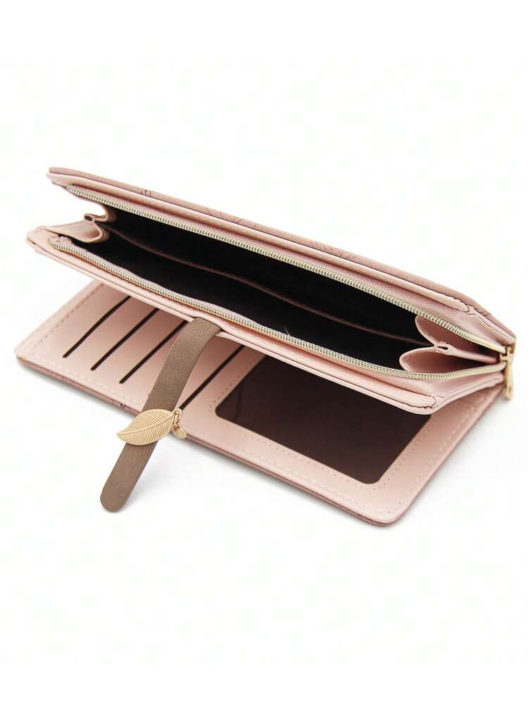 Pink PU Leather Printed Long Wallet for Women, Multi-Function Zipper Clutch Purse with Card Holder, Large Capacity Stylish Storage Gift Bag