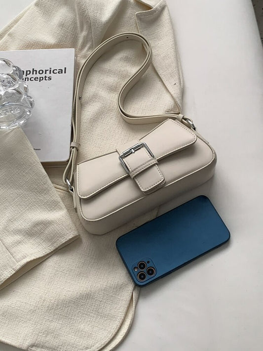 Small PU Shoulder Bag with Buckle Decor, Solid Colour Underarm Purse with Magnet Closure and Zipper, Stylish Compact Bag for Any Occasion