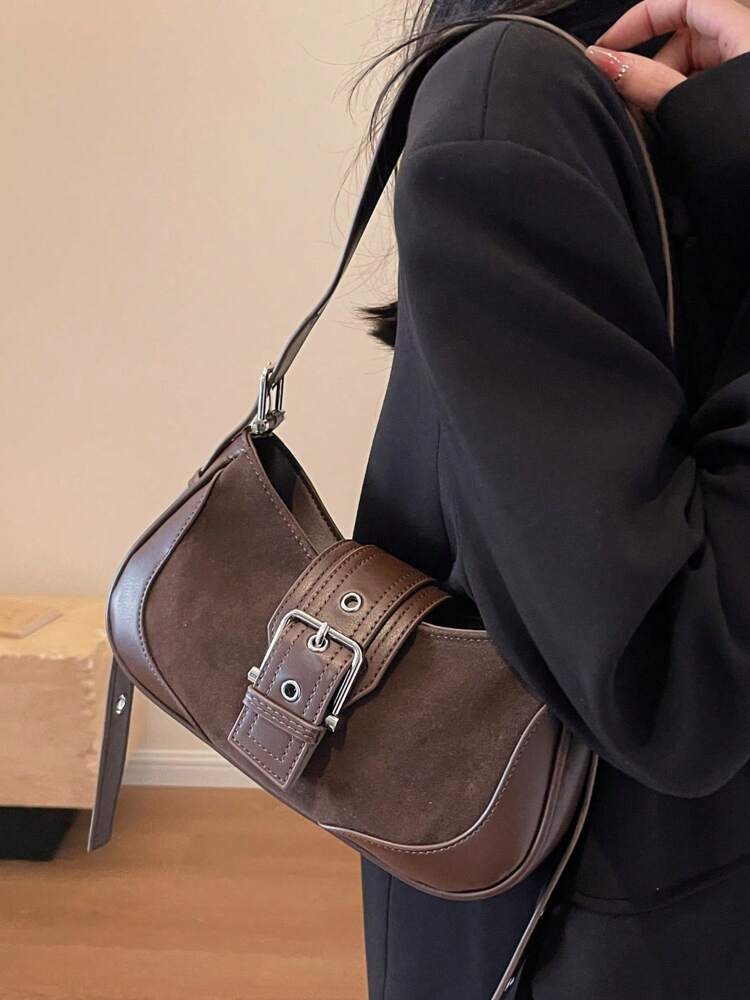 Crescent Motorcycle Underarm Bag with Metal Eyelets, Retro Cool Style Crossbody Purse for Women, Unique Niche Texture Daily Handbag