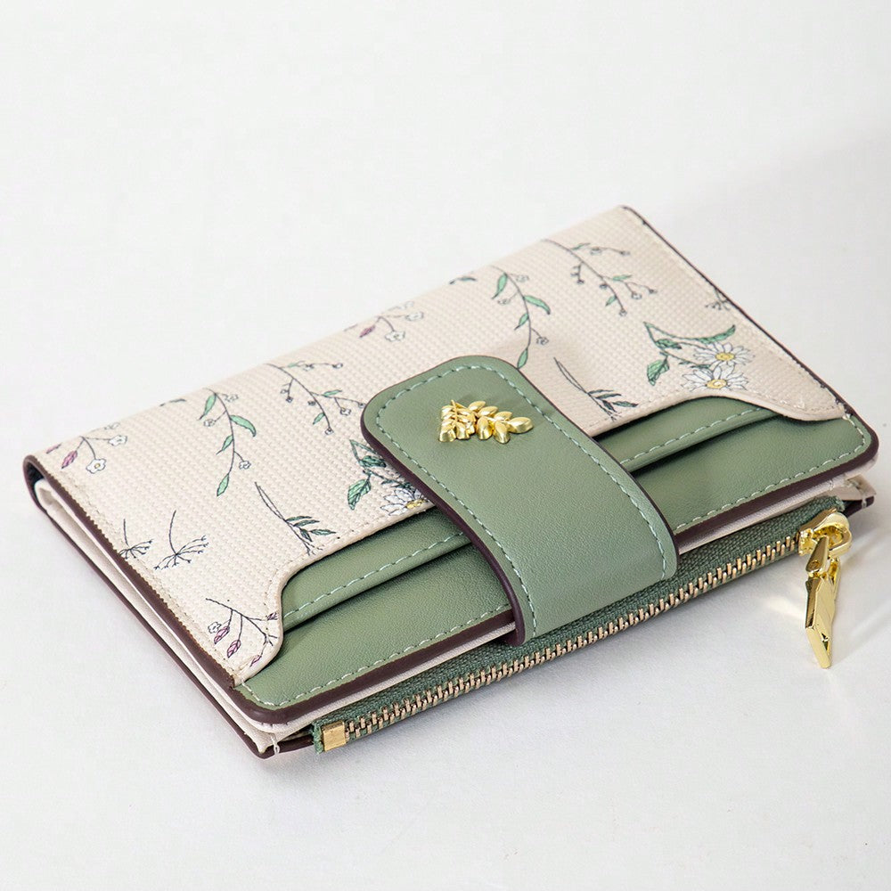 Tri-Fold Coin Wallet with Leaf Metal Button, Stylish Compact Card Holder for Women, Small Fashionable PU Purse, Elegant and Practical Design