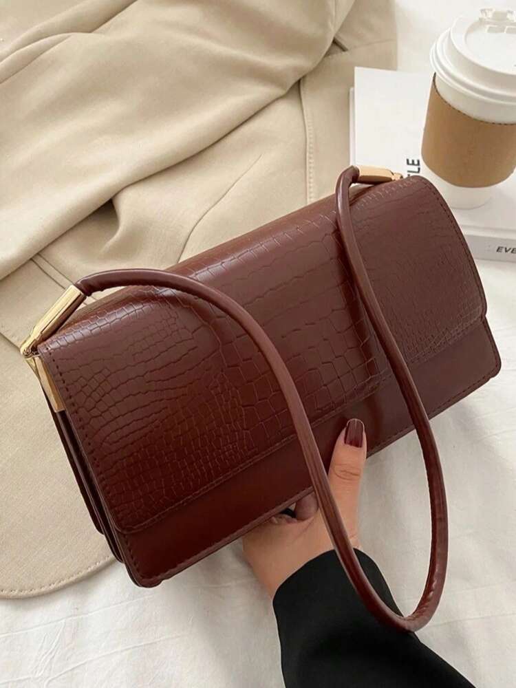 Crocodile Embossed Flap Shoulder Bag for Women, Fashionable Textured PU Leather Purse, Elegant Compact Handbag for Daily Use and Events