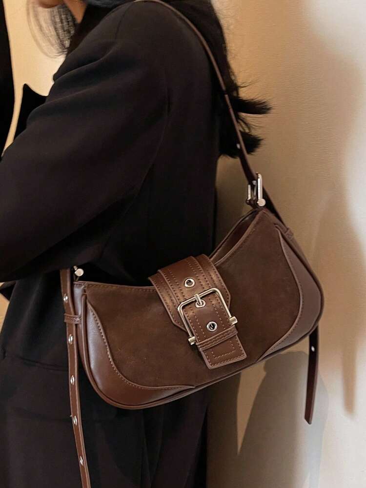 Crescent Motorcycle Underarm Bag with Metal Eyelets, Retro Cool Style Crossbody Purse for Women, Unique Niche Texture Daily Handbag