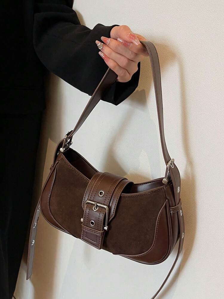 Crescent Motorcycle Underarm Bag with Metal Eyelets, Retro Cool Style Crossbody Purse for Women, Unique Niche Texture Daily Handbag