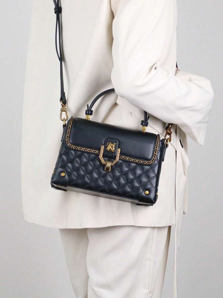 Rhombus Embroidered Boxy Handbag for Women, Chic Shoulder and Crossbody Bag with Clasp, Versatile High-End 2025 Design for Daily Commute