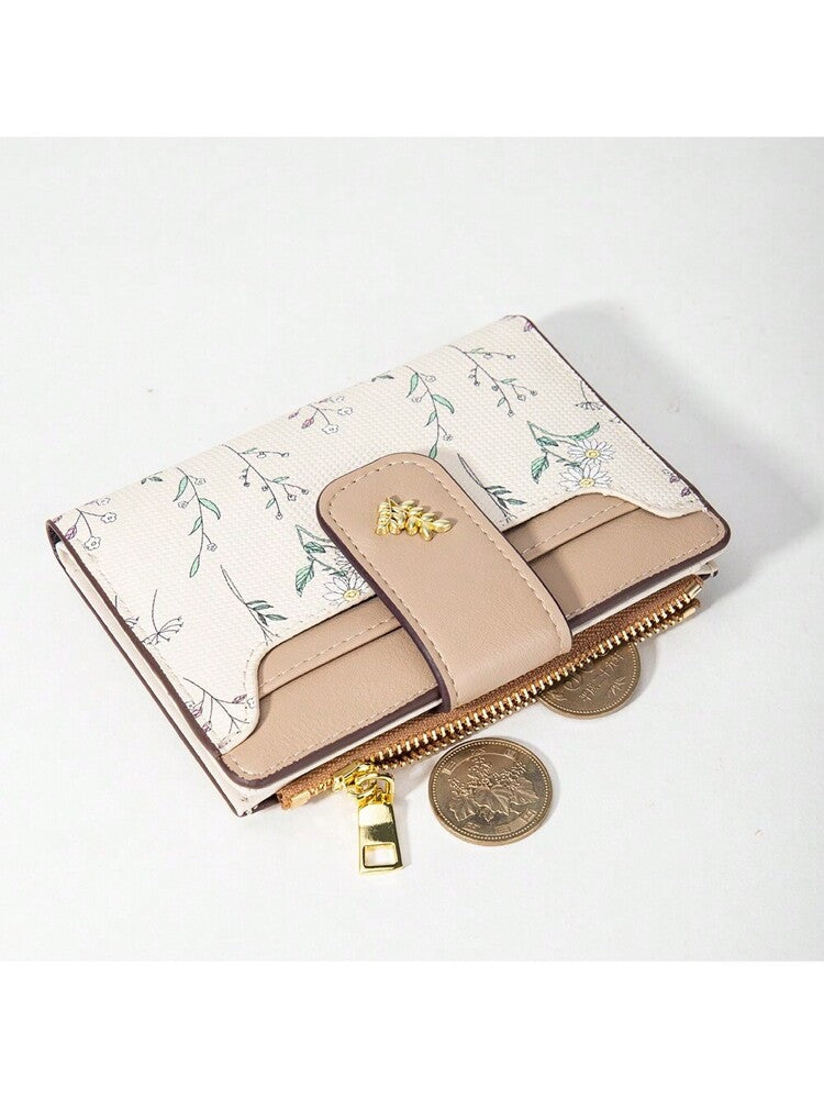 Tri-Fold Coin Wallet with Leaf Metal Button, Stylish Compact Card Holder for Women, Small Fashionable PU Purse, Elegant and Practical Design