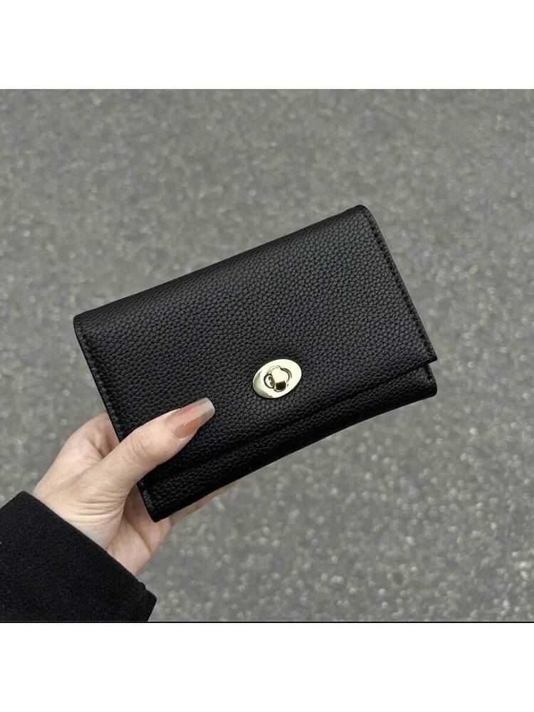 PU Leather Lock Buckle Short Wallet for Women, Elegant Mini Purse with Structured Design, Stylish Daily Wallet for Modern Feminine Looks