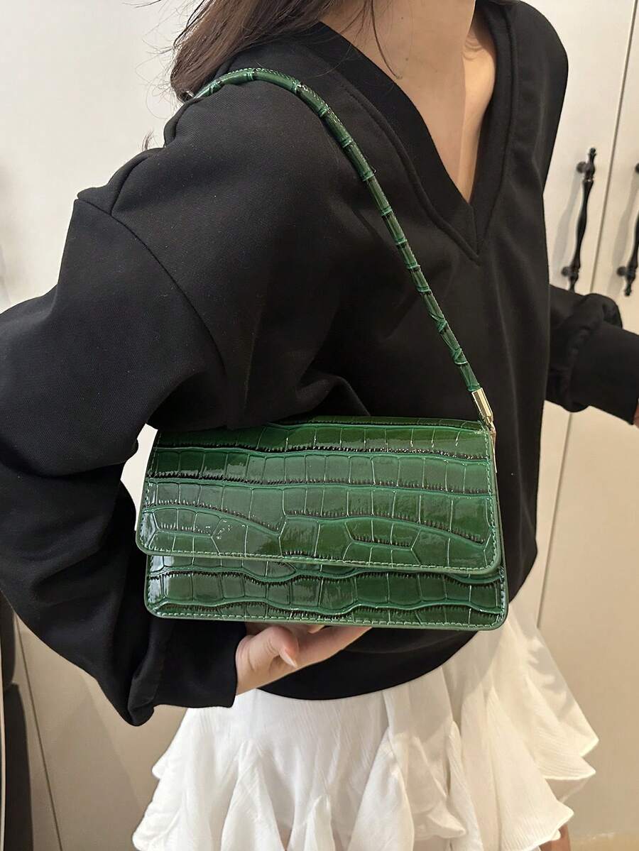 Embossed Multi-Compartment Shoulder Bag for Women, Elegant Spring 2025 Handbag with Crocodile Texture, Chic Tote for Work and Outings