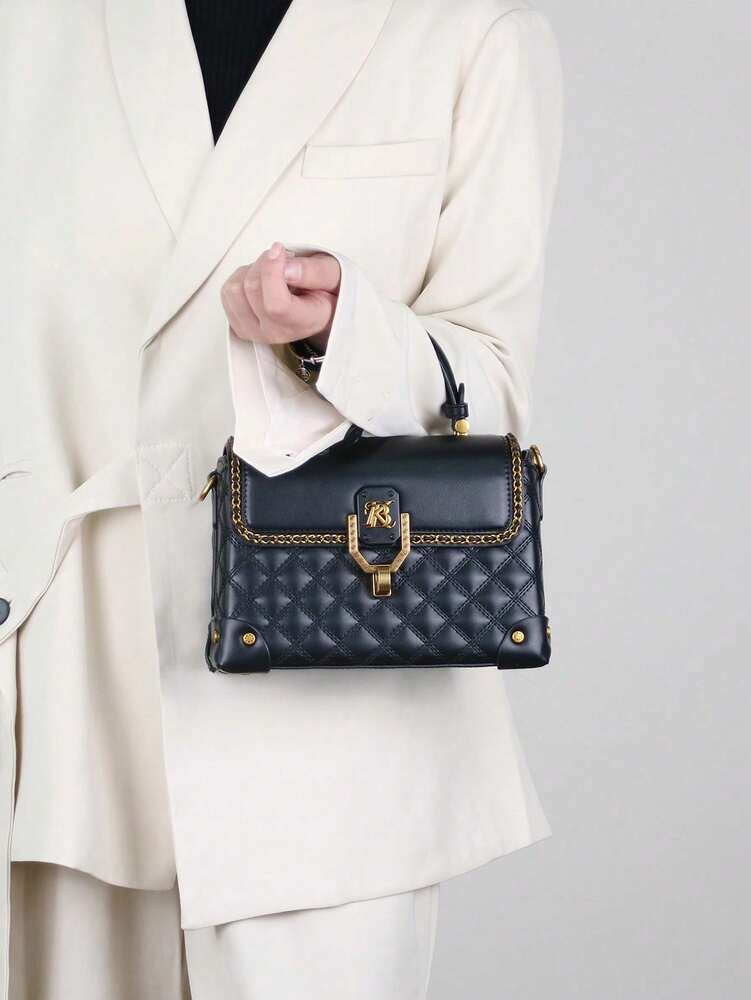 Rhombus Embroidered Boxy Handbag for Women, Chic Shoulder and Crossbody Bag with Clasp, Versatile High-End 2025 Design for Daily Commute
