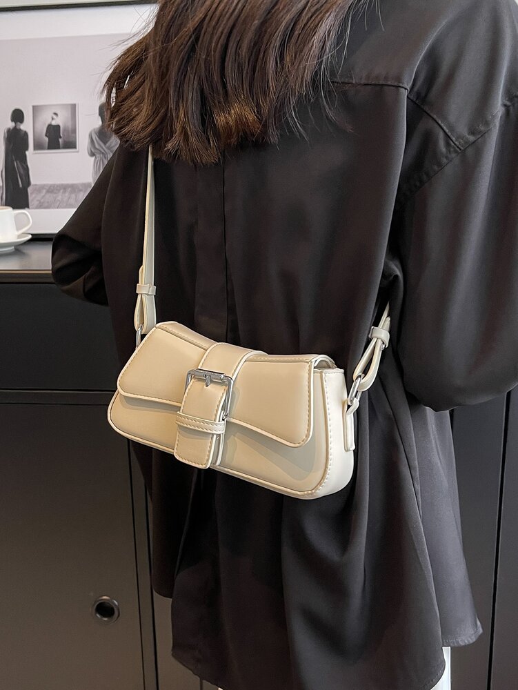 Small PU Shoulder Bag with Buckle Decor, Solid Colour Underarm Purse with Magnet Closure and Zipper, Stylish Compact Bag for Any Occasion