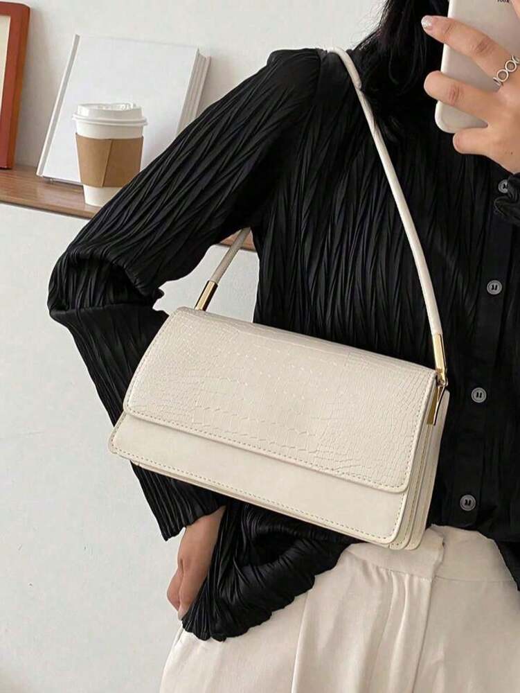 Crocodile Embossed Flap Shoulder Bag for Women, Fashionable Textured PU Leather Purse, Elegant Compact Handbag for Daily Use and Events