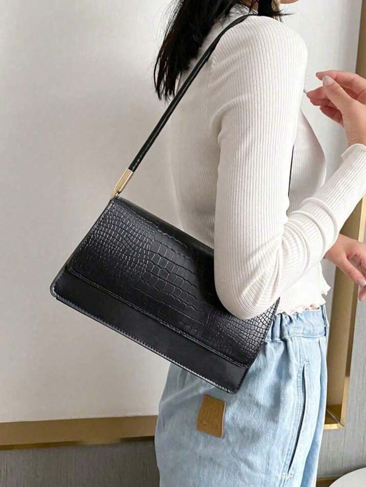 Crocodile Embossed Flap Shoulder Bag for Women, Fashionable Textured PU Leather Purse, Elegant Compact Handbag for Daily Use and Events