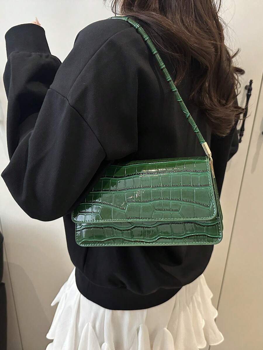 Embossed Multi-Compartment Shoulder Bag for Women, Elegant Spring 2025 Handbag with Crocodile Texture, Chic Tote for Work and Outings